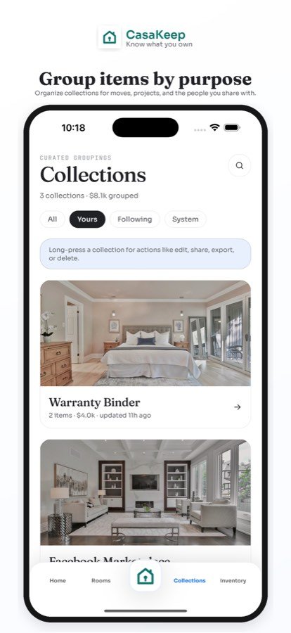 CasaKeep collections screen for estate family handoff categories