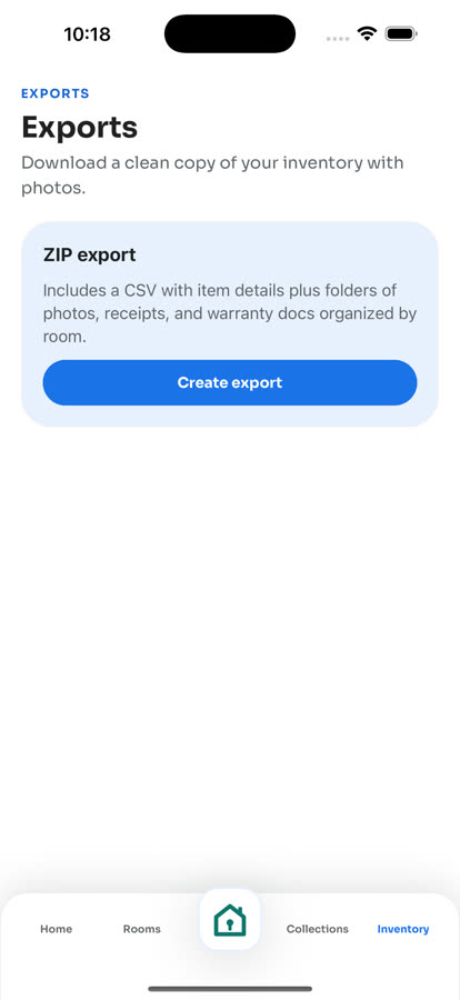 CasaKeep export screen for creating a portable inventory record with photos