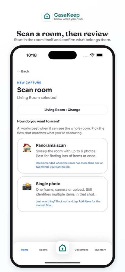 CasaKeep room scan screen for starting a home inventory