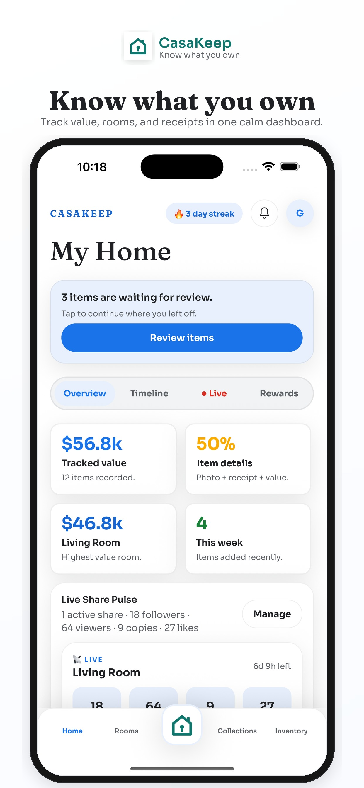 CasaKeep home dashboard for starting a free home inventory