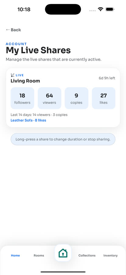 CasaKeep live share screen for managing an active shared inventory record