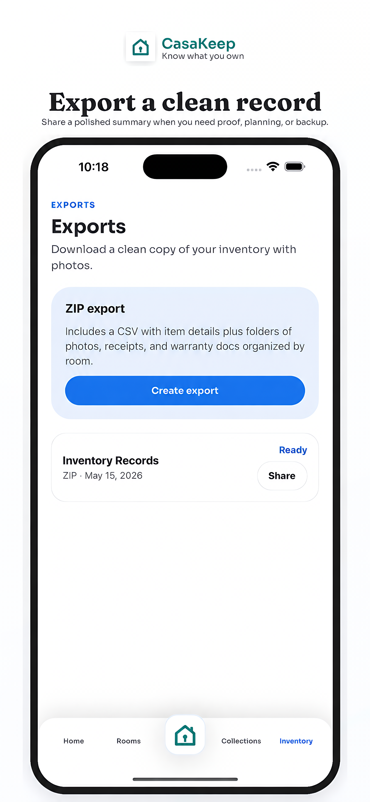 CasaKeep export screen for creating a portable home inventory record