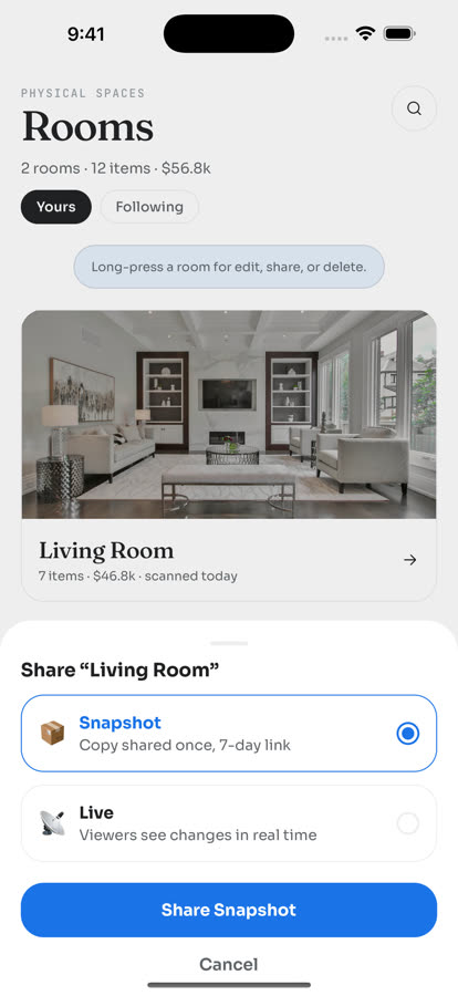 CasaKeep snapshot sharing screen for sending a household inventory view